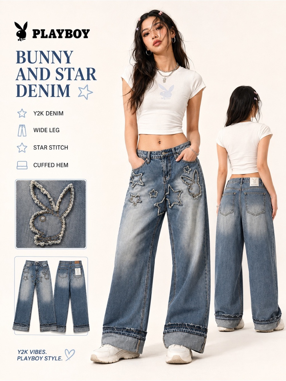 Playboy Bunny & Star Wide Leg Jeans Size 13/31 Y2K Cuffed Denim